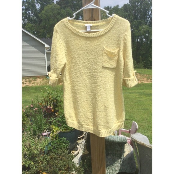 Chico’s womens knit short sleeve top open yellow roll tab size 1 coastal beachy - Picture 1 of 9